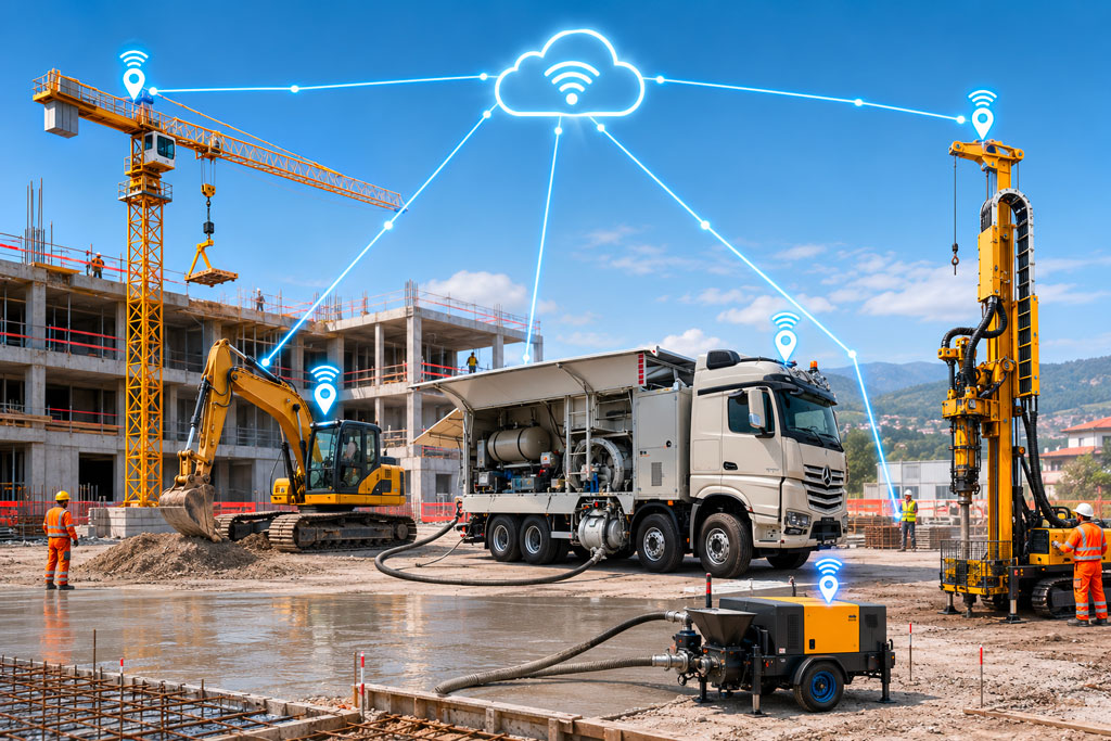 Cantiere connesso: escavatore, autobetoniera, sonda di perforazione e pompa collegati in tempo reale a un'unica piattaforma di monitoraggio